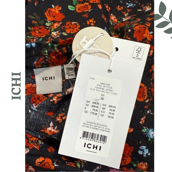 ICHI IHKalo Floral Puff Sleeve Shirt Dress - Black Red Orange Size 38 (US 6 ) - Picture 6 of 6